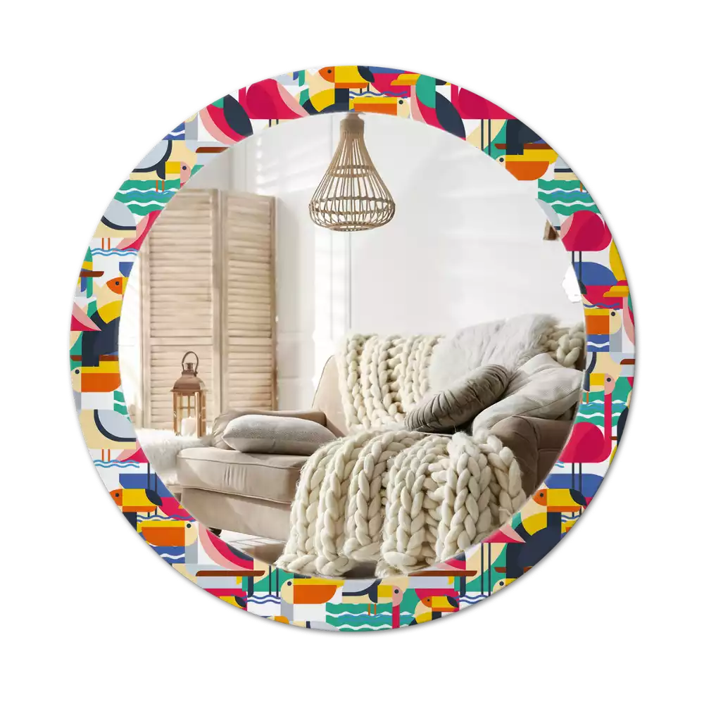 Oglindă cu decor rotundă Păsări tropicale geometrice