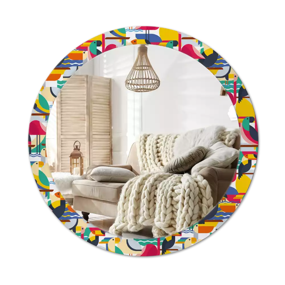 Oglindă cu decor rotundă Păsări tropicale geometrice