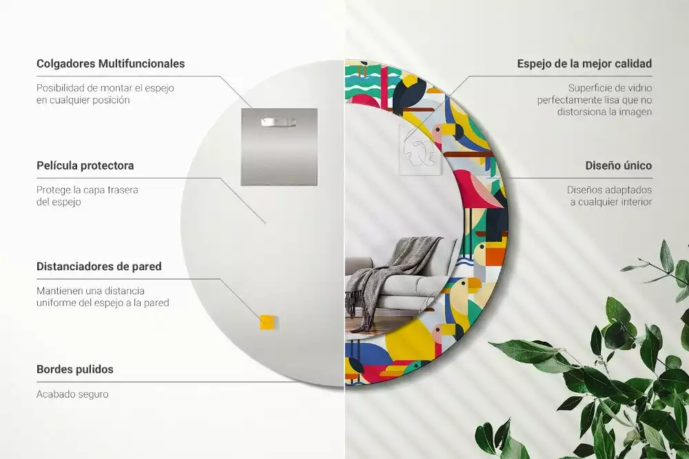 Oglindă cu decor rotundă Păsări tropicale geometrice