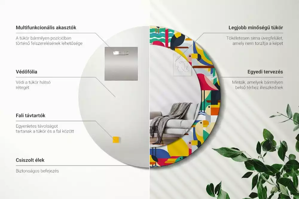 Oglindă cu decor rotundă Păsări tropicale geometrice