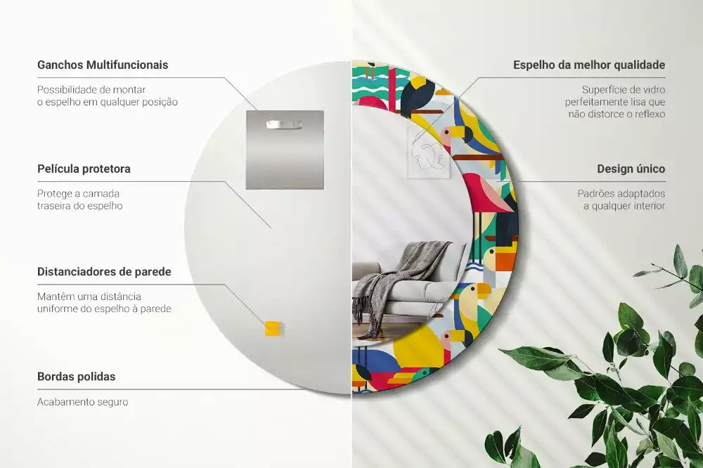 Oglindă cu decor rotundă Păsări tropicale geometrice