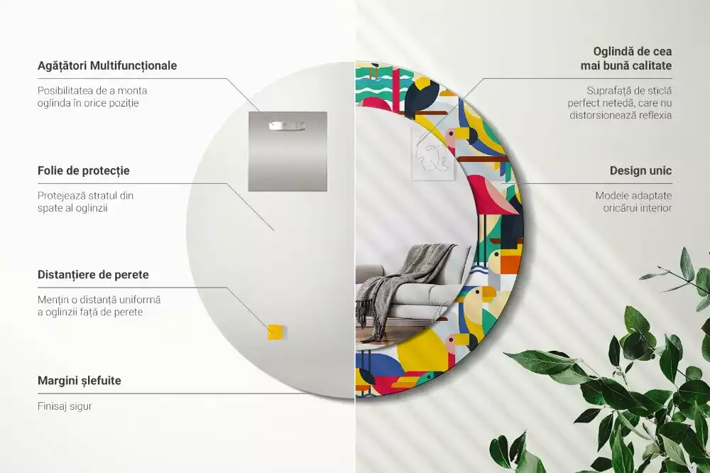 Oglindă cu decor rotundă Păsări tropicale geometrice