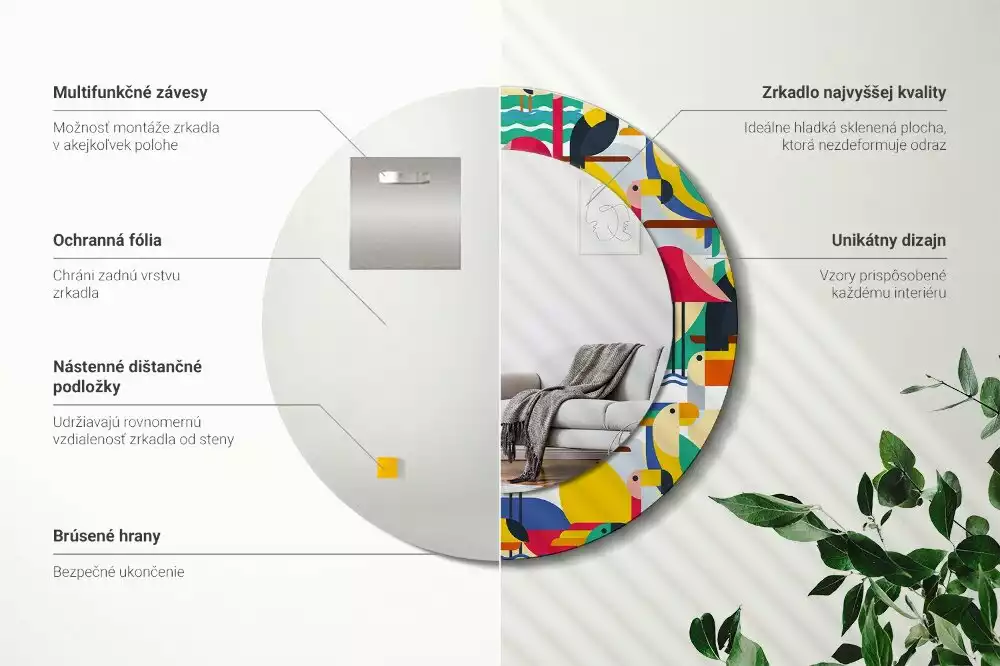 Oglindă cu decor rotundă Păsări tropicale geometrice