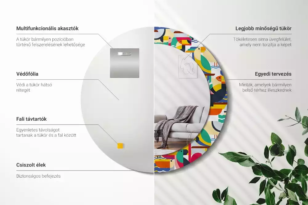 Oglindă cu decor rotundă Păsări tropicale geometrice