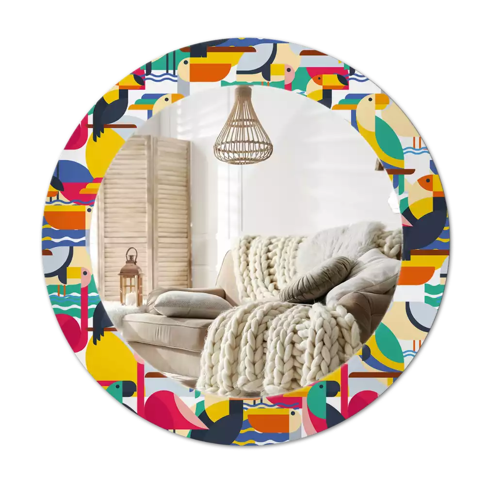 Oglindă cu decor rotundă Păsări tropicale geometrice