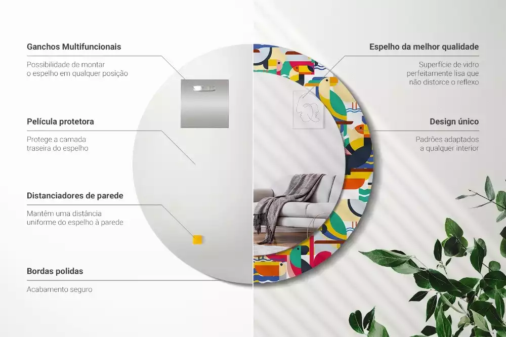 Oglindă cu decor rotundă Păsări tropicale geometrice