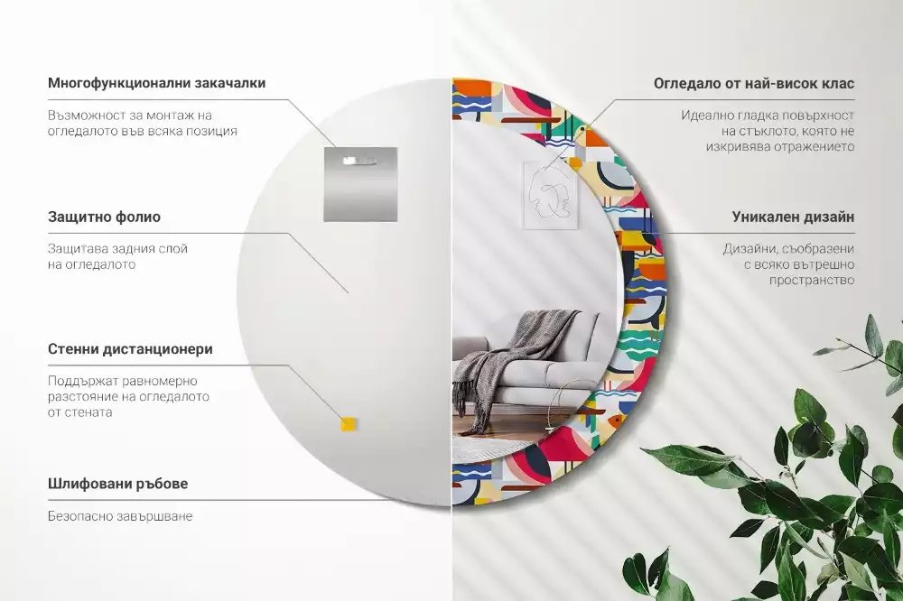 Oglindă cu decor rotundă Păsări tropicale geometrice