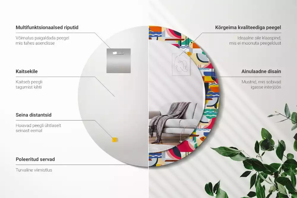 Oglindă cu decor rotundă Păsări tropicale geometrice