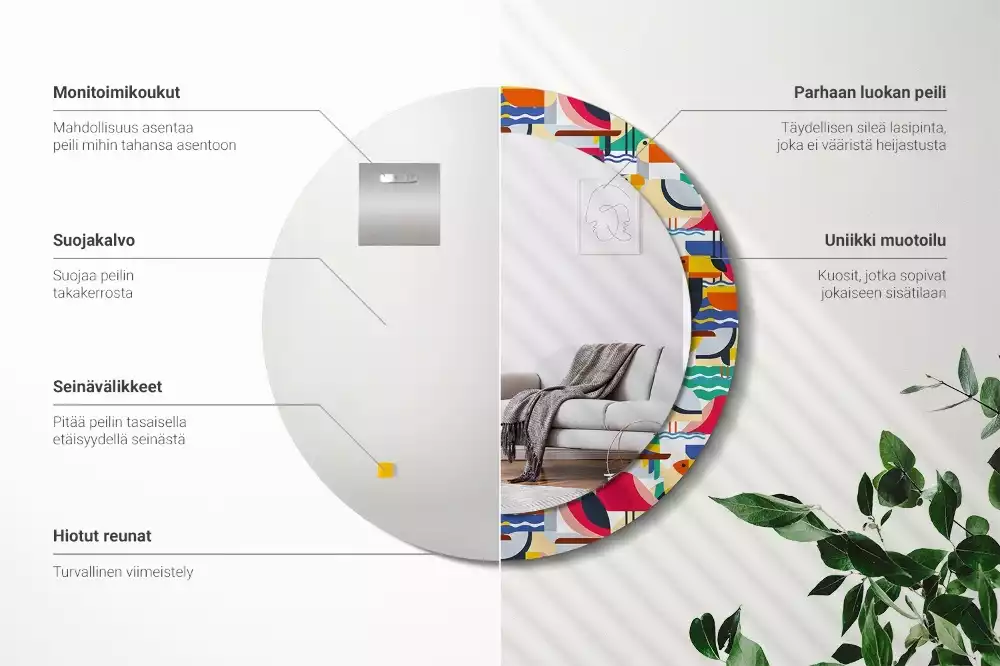 Oglindă cu decor rotundă Păsări tropicale geometrice