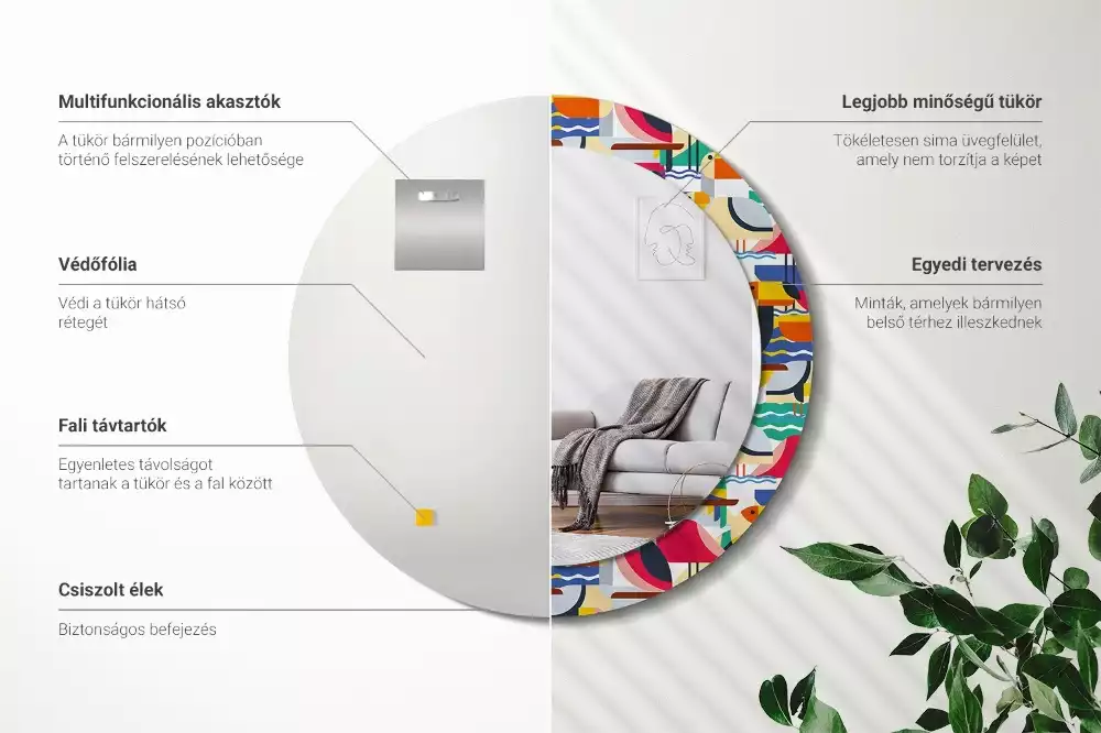 Oglindă cu decor rotundă Păsări tropicale geometrice