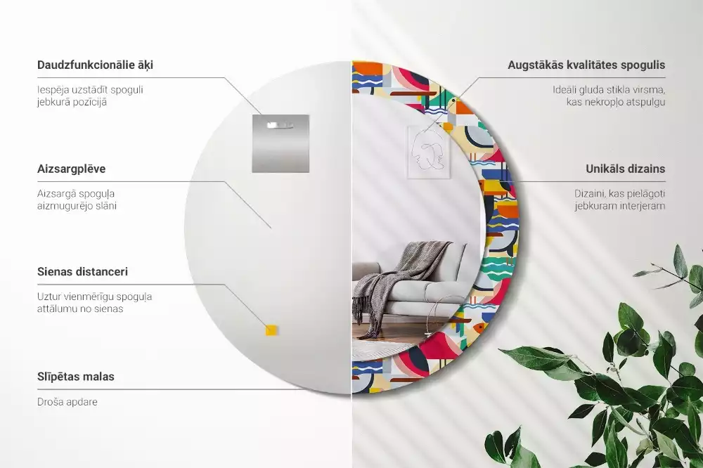 Oglindă cu decor rotundă Păsări tropicale geometrice