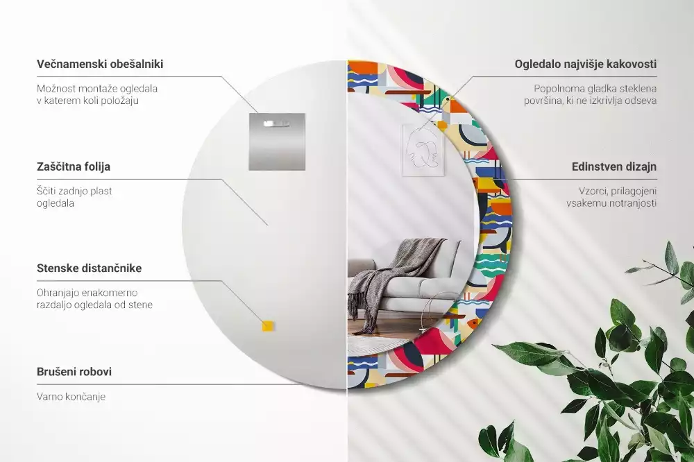 Oglindă cu decor rotundă Păsări tropicale geometrice