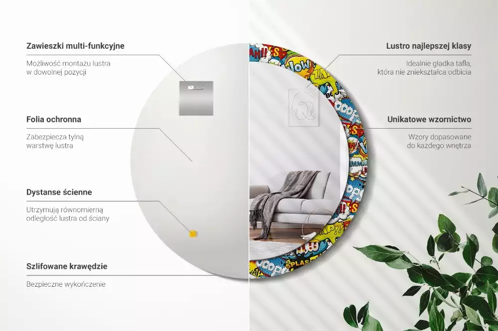 Oglindă rotundă ramă cu imprimeu Model stil benzi desenate