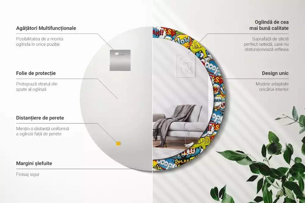 Oglindă rotundă ramă cu imprimeu Model stil benzi desenate