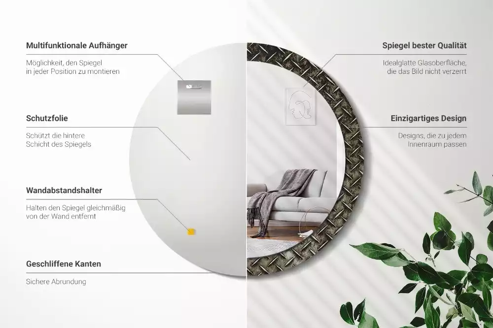 Oglindă cu decor rotundă Textură de oțel