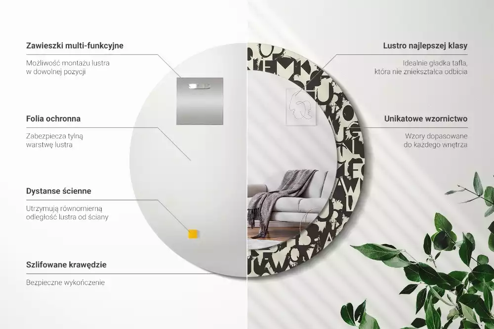 Oglindă rotundă ramă cu imprimeu Litere