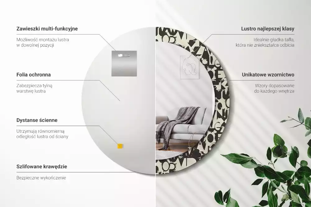 Oglindă rotundă ramă cu imprimeu Litere