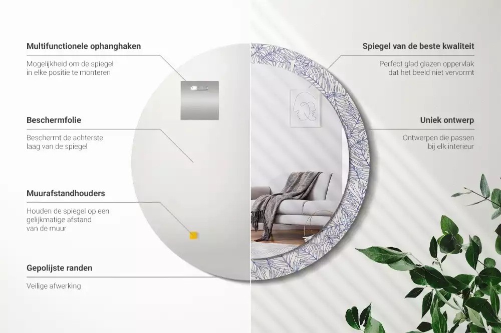 Oglindă rotundă imprimată Palmier tropical contur