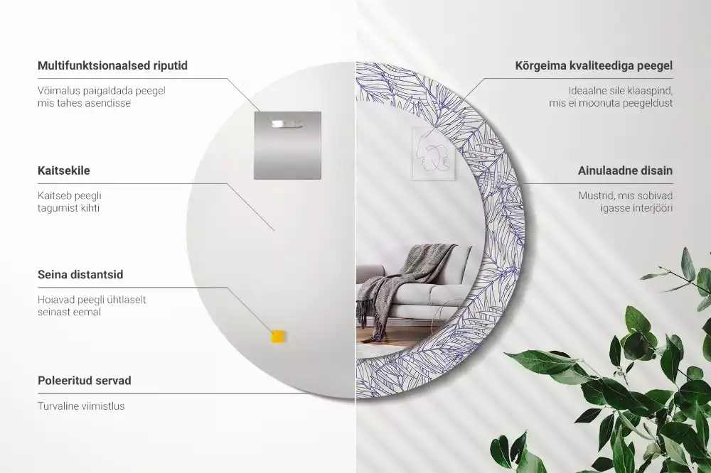 Oglindă rotundă imprimată Palmier tropical contur