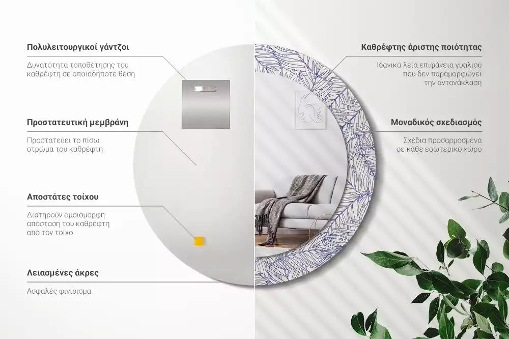 Oglindă rotundă imprimată Palmier tropical contur