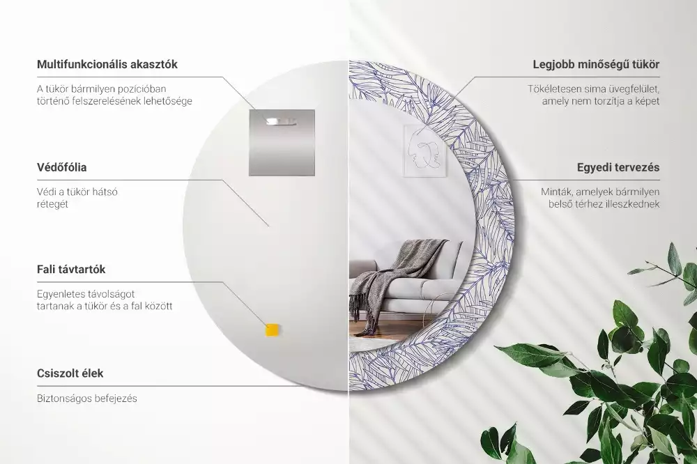 Oglindă rotundă imprimată Palmier tropical contur