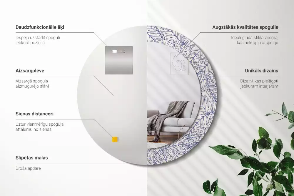 Oglindă rotundă imprimată Palmier tropical contur