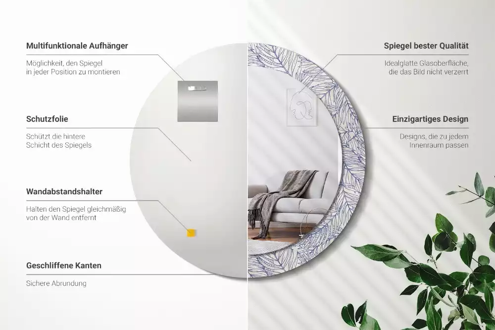 Oglindă rotundă imprimată Palmier tropical contur