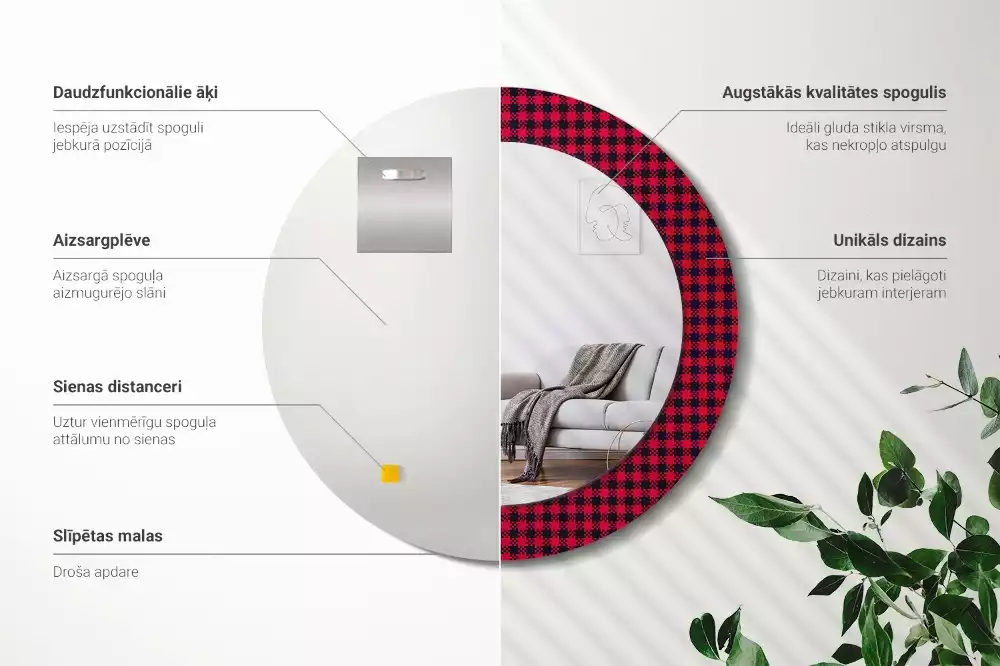 Oglindă cu decor rotundă Carouri roșii