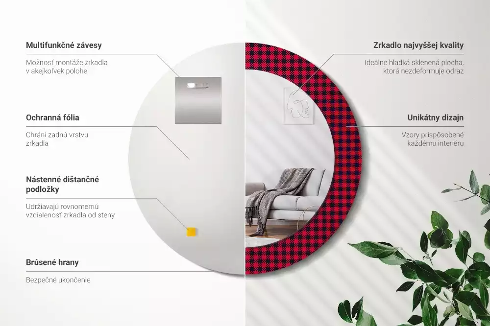 Oglindă cu decor rotundă Carouri roșii