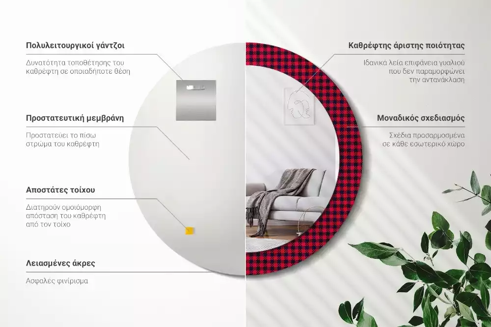 Oglindă cu decor rotundă Carouri roșii