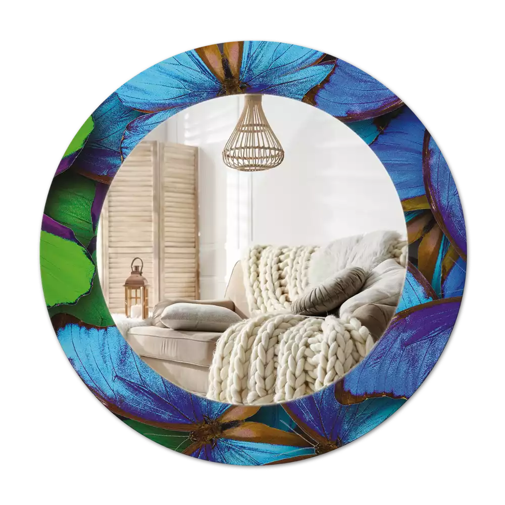Oglindă cu decor rotundă Fluture albastru și verde