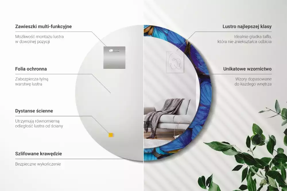 Oglindă cu decor rotundă Fluture albastru și verde