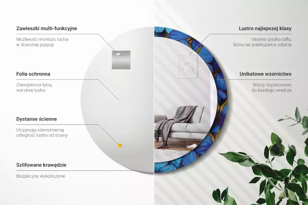 Oglindă cu decor rotundă Fluture albastru și verde