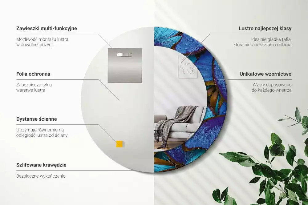 Oglindă cu decor rotundă Fluture albastru și verde