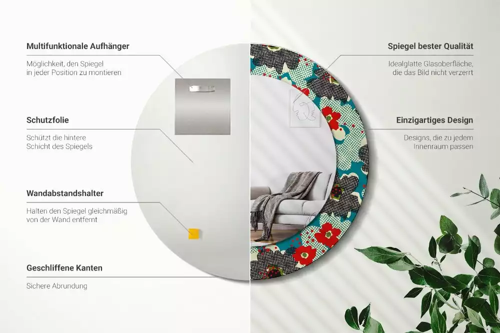 Oglindă rotundă ramă cu imprimeu Model cu flori retro