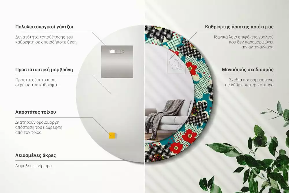 Oglindă rotundă ramă cu imprimeu Model cu flori retro