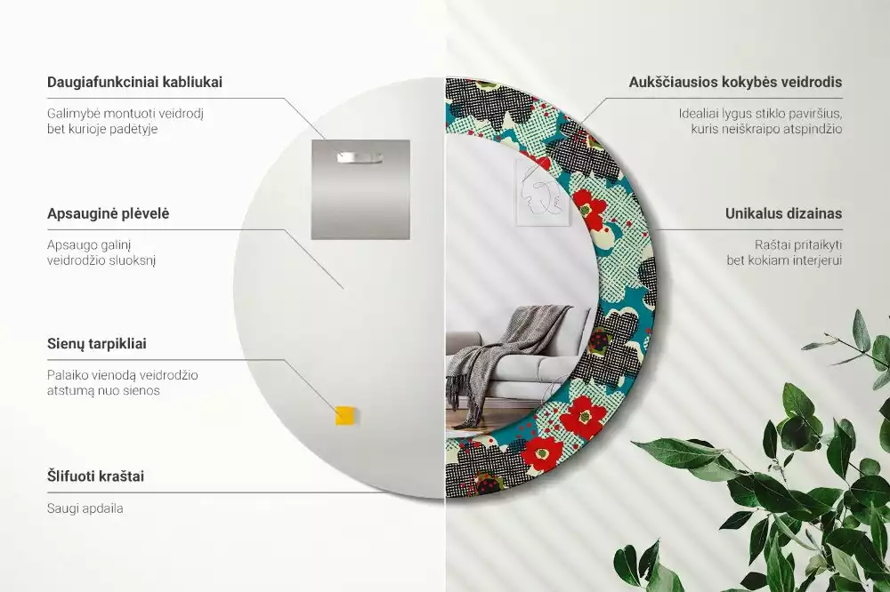 Oglindă rotundă ramă cu imprimeu Model cu flori retro