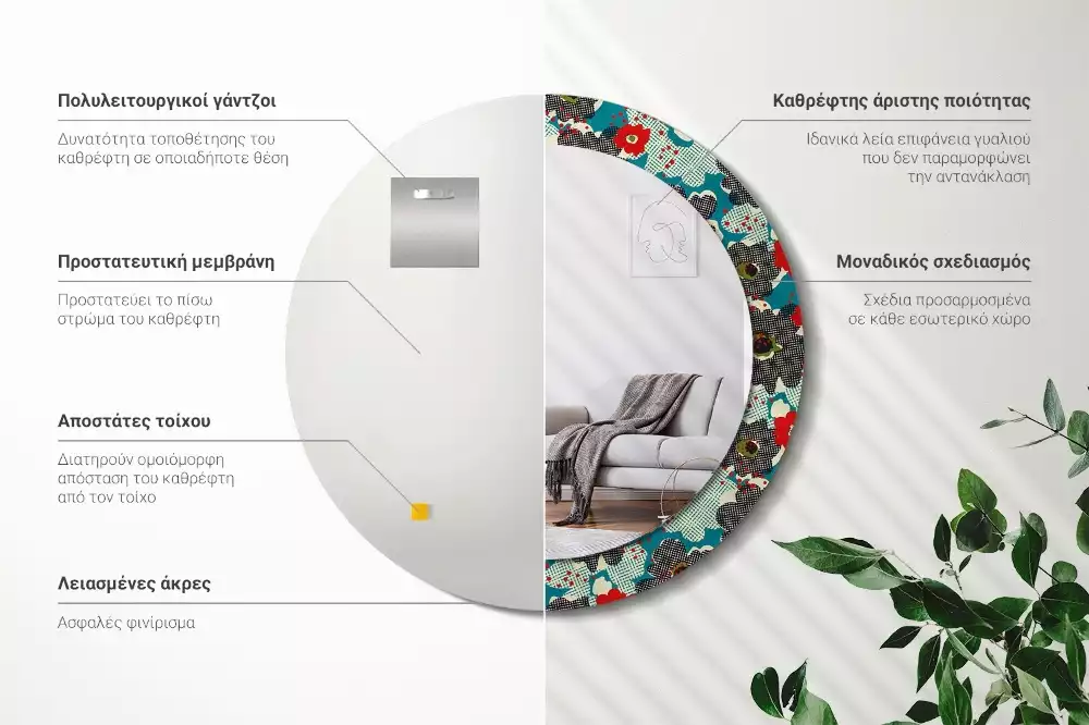 Oglindă rotundă ramă cu imprimeu Model cu flori retro