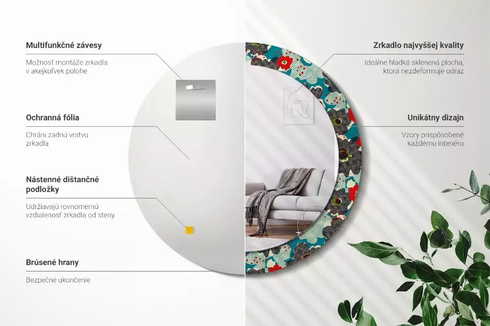 Oglindă rotundă ramă cu imprimeu Model cu flori retro