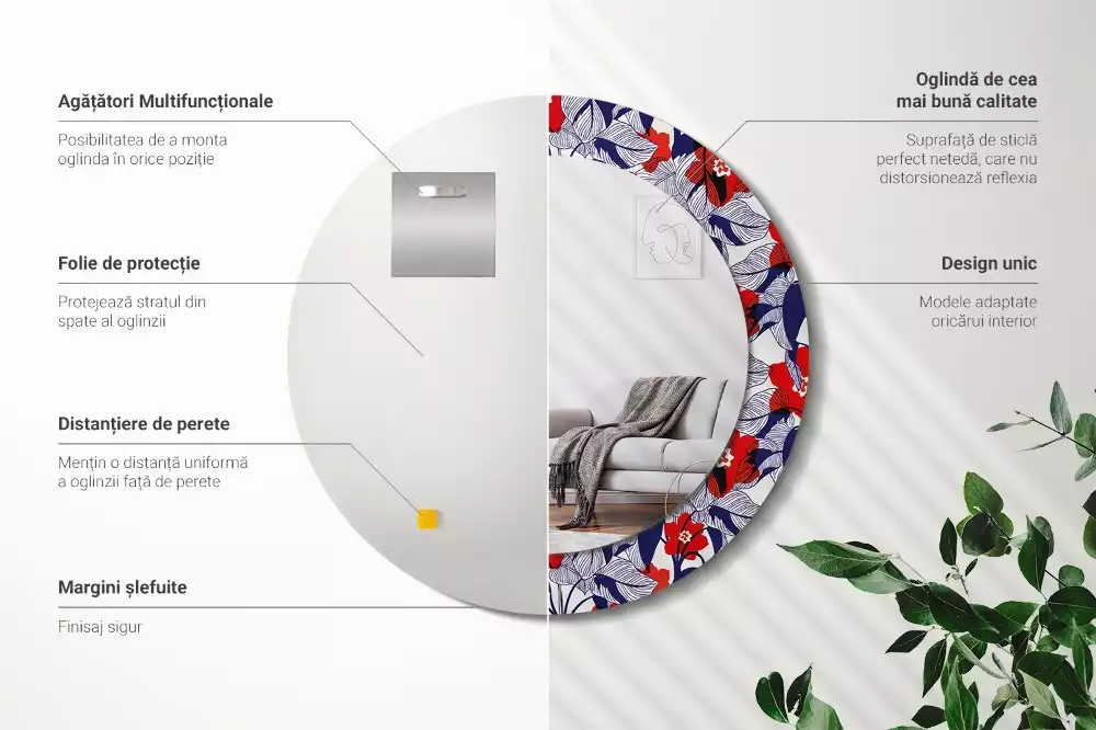 Oglindă cu decor rotundă Filodendroni