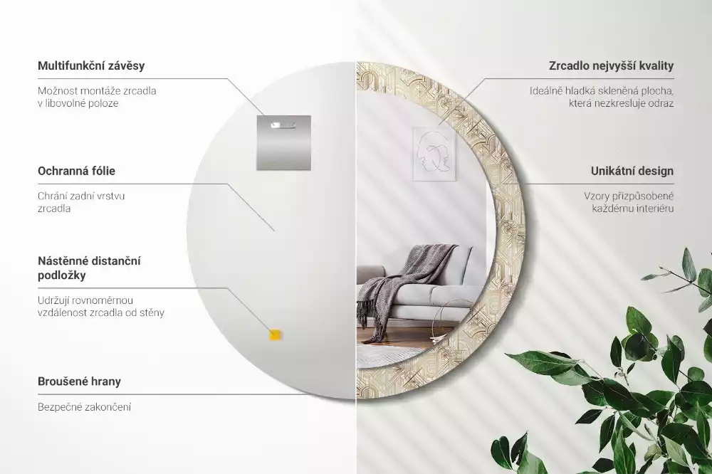 Oglindă rotundă imprimată Compoziție art deco