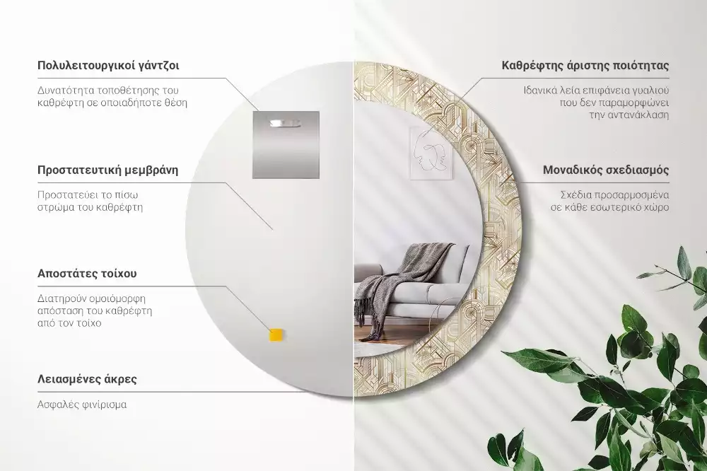 Oglindă rotundă imprimată Compoziție art deco