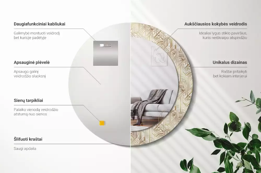 Oglindă rotundă imprimată Compoziție art deco