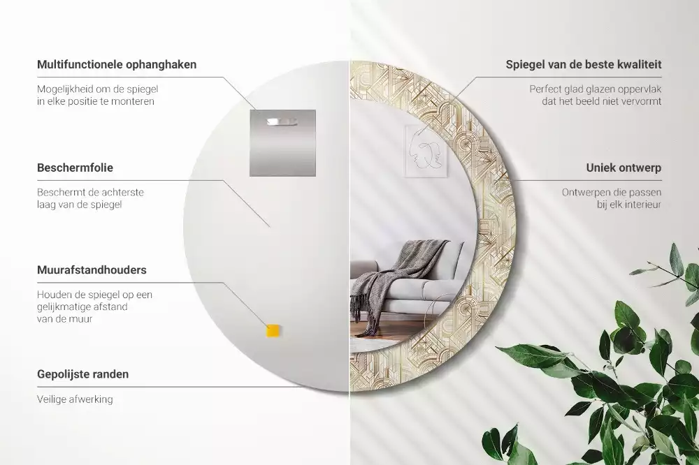 Oglindă rotundă imprimată Compoziție art deco