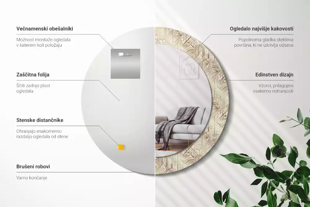 Oglindă rotundă imprimată Compoziție art deco