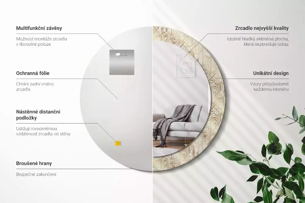 Oglindă rotundă imprimată Compoziție art deco