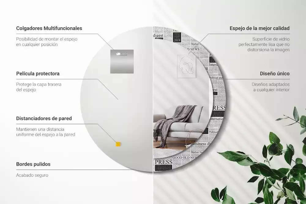 Oglindă rotundă ramă cu imprimeu Ziare