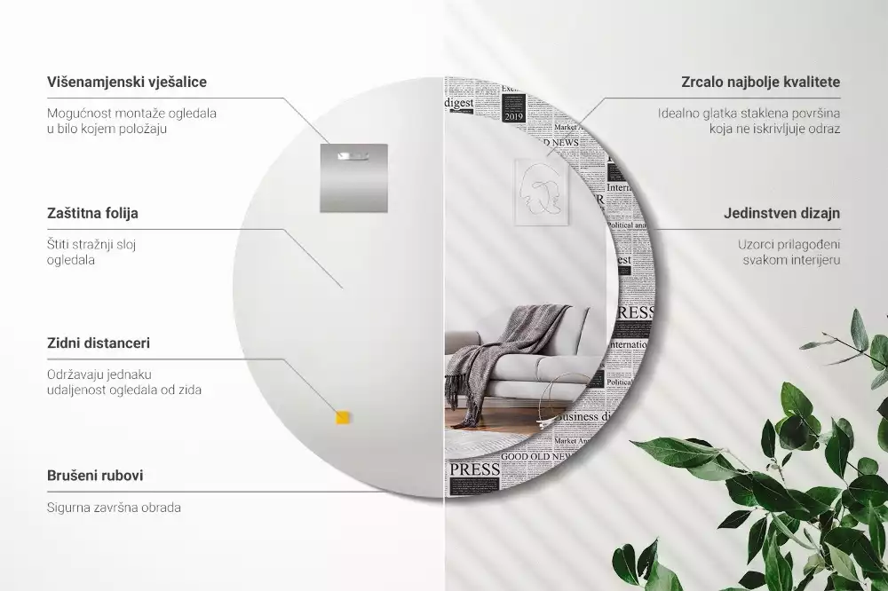 Oglindă rotundă ramă cu imprimeu Ziare