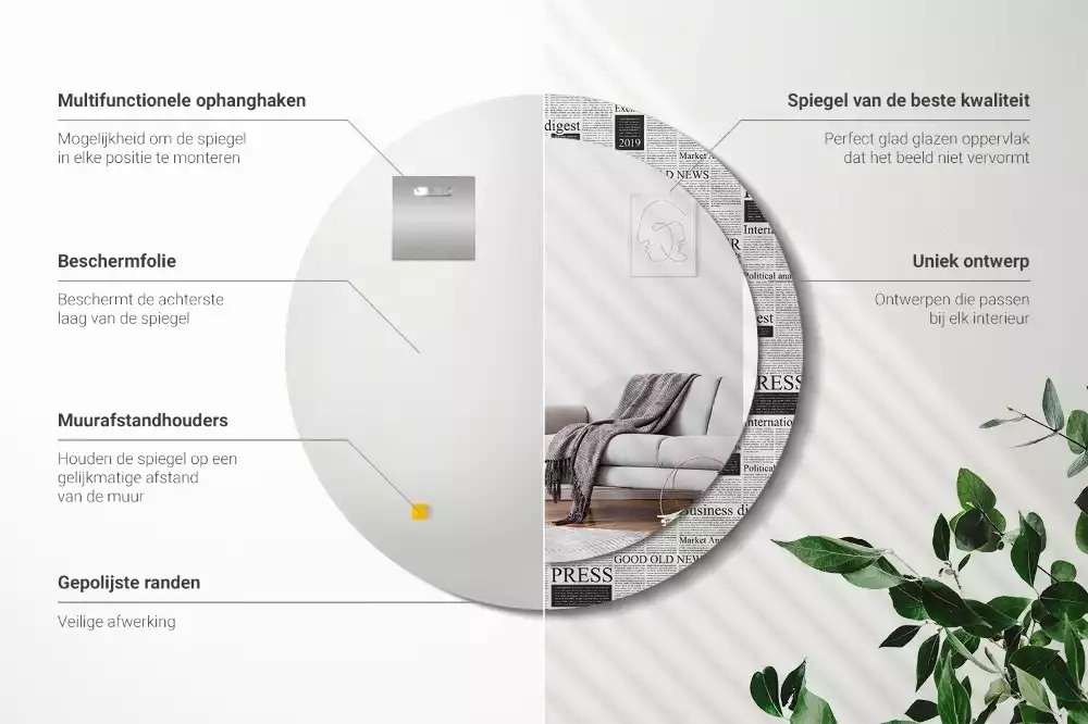 Oglindă rotundă ramă cu imprimeu Ziare