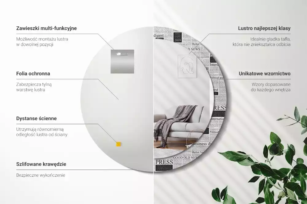 Oglindă rotundă ramă cu imprimeu Ziare